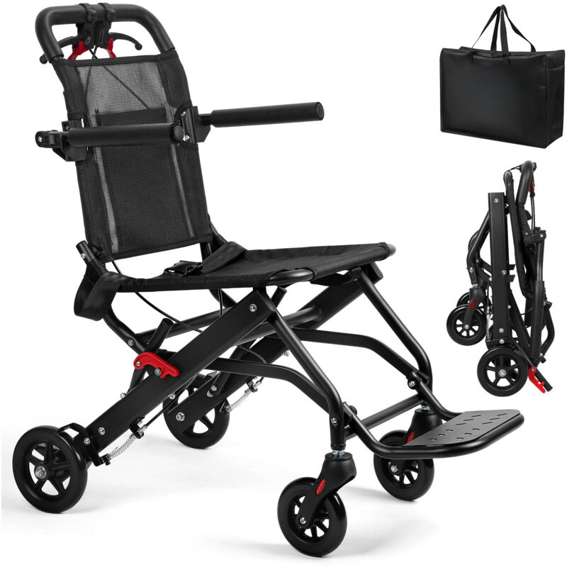 Fauteuil roulant portable, pliable, capacité de charge de 130 kg, avec frein à main verrouillable, noir.
