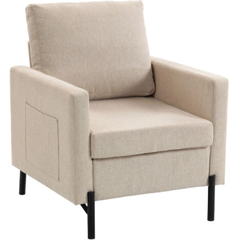 Fauteuil salon 1 place rembourré accoudoirs, assise large, pieds acier, 73x77x87 cm, beige