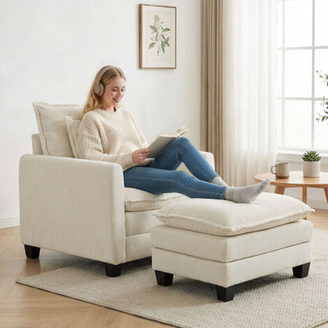 Fauteuil salon avec repose-pied. canapé 1 place en chenille. assise large. rembourrage double couche. 85x128x86cm. crème