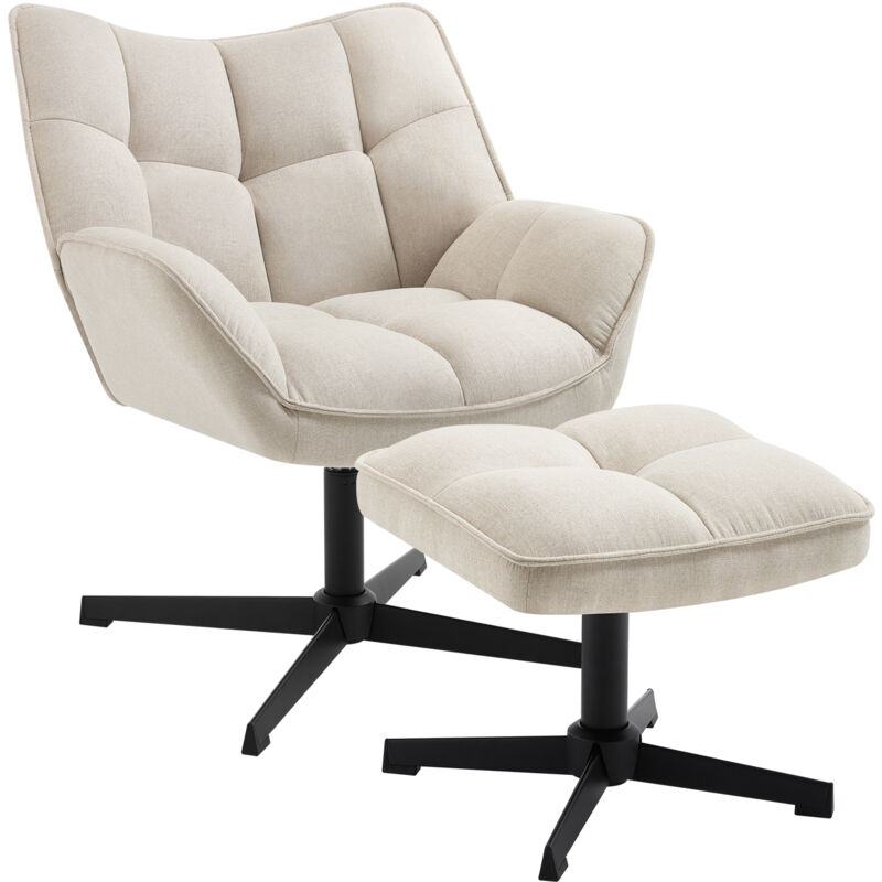 Fauteuil Salon avec Repose-Pieds Woltu Fauteuil Relax, Tissu en Lin, Assise Rembourrée et Large, Cadre en Métal, Beige
