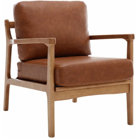 Fauteuil Salon Confortable Fauteuil Scandinave en Bois Fauteuil Loisir Moderne avec Assise Épais, Cuir PU, Marron