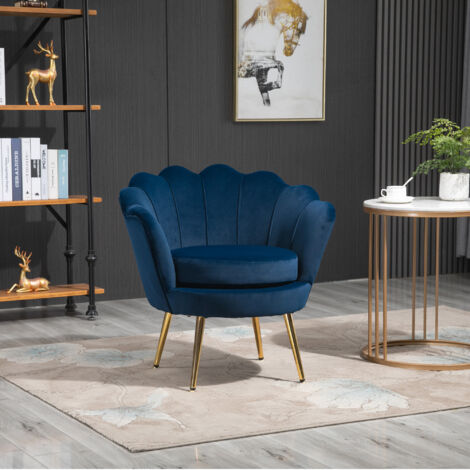 Fauteuil salon fauteuil en velours fauteuil coquillage avec pieds en métal doré pour chambre à coucher. bleu