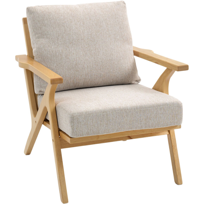 Fauteuil salon - HOMCOM - coussins rembourrée et pieds en bois d'hévéa - tissu effet lin - 76x87x88cm - beige