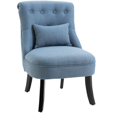 Fauteuil salon relax lounge avec coussin dorsal, pieds en bois, fauteuil de lecture en lin, fauteuil rembourré pour chambre bleu