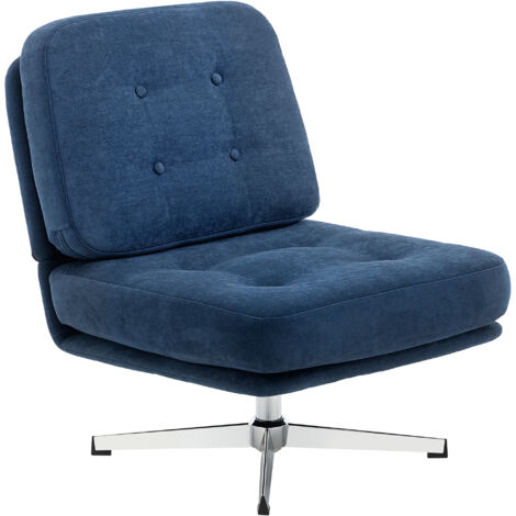 Fauteuil salon tissu chenille bleu foncé, chaise pivotante sans accoudoir, assise large, pieds croisés 70x87x84 cm