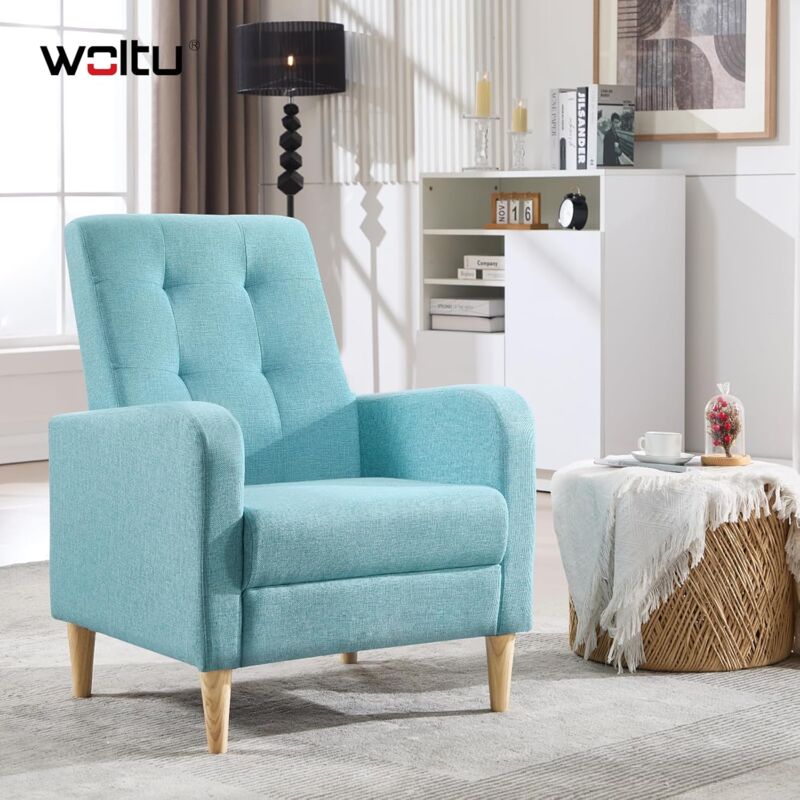 Woltu - Fauteuil Salon Fauteuil Relax, Fauteuil Scandinave en Lin, avec Accoudoirs et Dossier Haut, Pieds en Bois Massif, Bleu