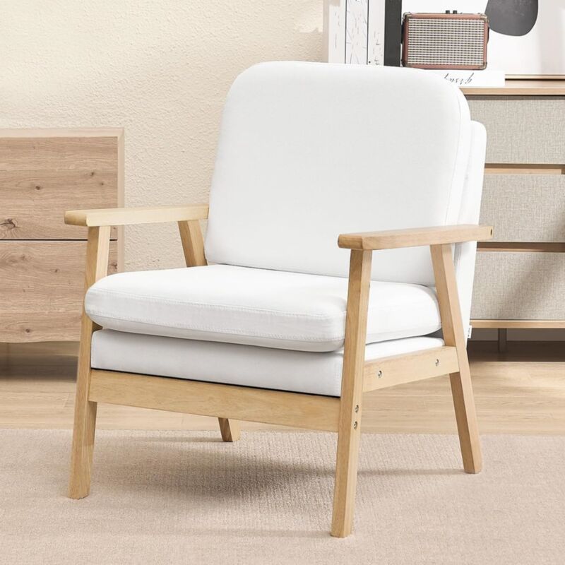 Fauteuil Salon Woltu Fauteuil Scandinave, Fauteuil Relax, avec Dossier Haut, Siège en Lin, Pieds en Bois Massif, Crème Blanc