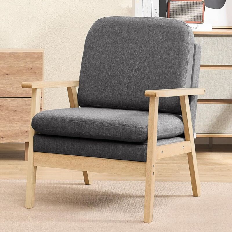 Fauteuil Salon Woltu Fauteuil Scandinave, Fauteuil Relax, avec Dossier Haut, Siège en Lin, Pieds en Bois Massif, Gris Foncé