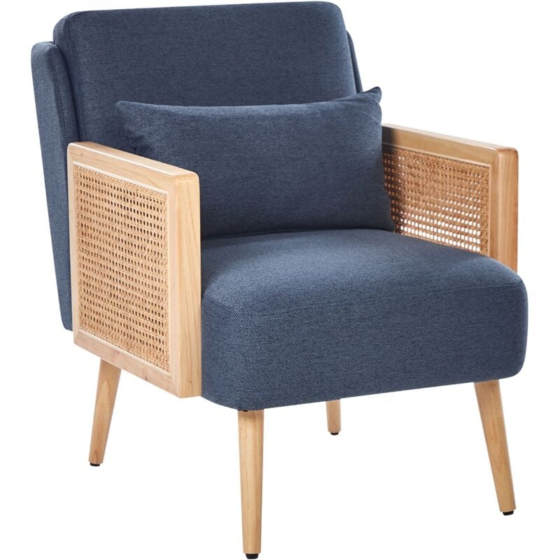 Beliani - Fauteuil Sans Accoudoirs Structure en Bois avec Tresse en Rotin avec Coussin Pieds en Bois Bleu Orum