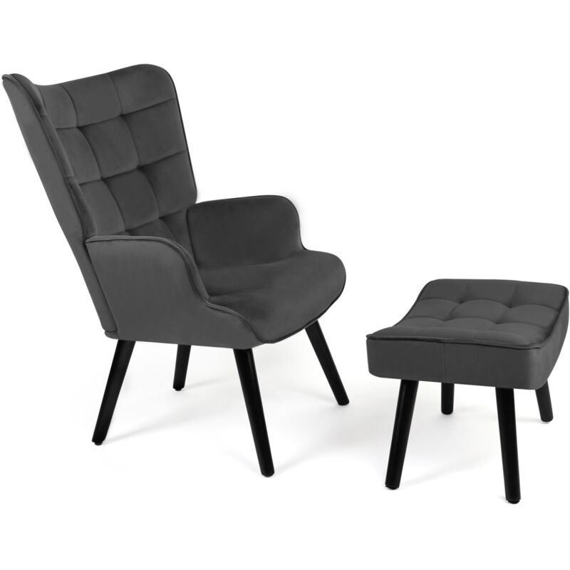 Fauteuil scandinave ania avec repose pieds velours gris anthracite