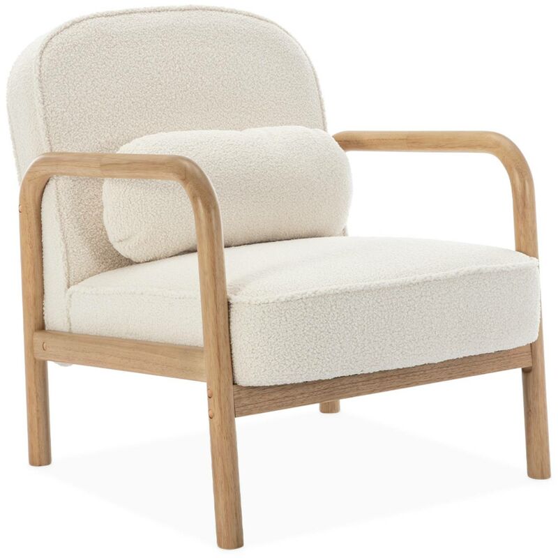 Fauteuil scandinave bois d'hévéa et dossier arrondi en bouclette blanche - amelie