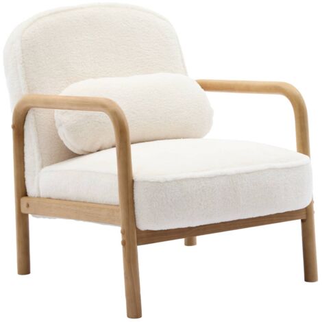 Fauteuil scandinave arrondi bois d'hévéa et tissu effet fausse fourrure