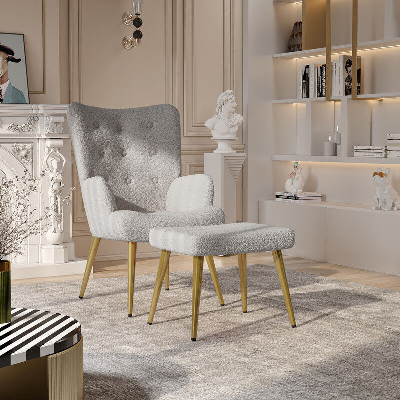 Fauteuil scandinave avec repose-pieds, chaisede relaxation avec dossier haut et accoudolrs, tissu molletonné respirant et douillet, Fauteuil