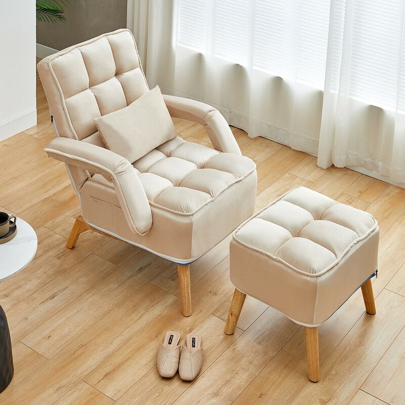 Fauteuil scandinave avec repose-pieds - En velours - Avec repose-pieds - Pour salon, chambre à coucher, bureau - Beige