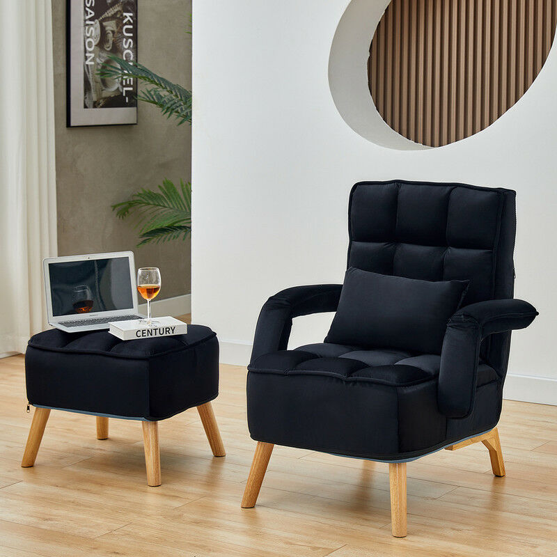 Fauteuil scandinave avec repose-pieds - En velours - Avec repose-pieds - Pour salon, chambre à coucher, bureau - Noir