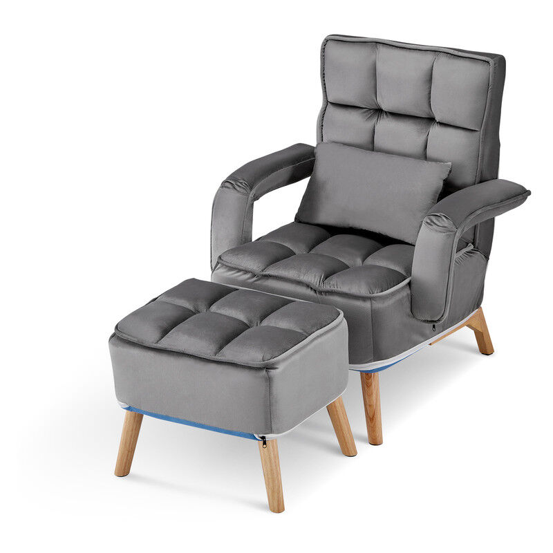 Fauteuil scandinave avec repose-pieds - En velours - Avec repose-pieds - Pour salon, chambre à coucher, bureau - Gris