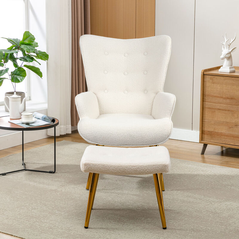 Fortuna Lai - Fauteuil scandinave avec repose pieds - Fauteuil individuel relax en laine de mouton - 99.5x68x47cm Blanc