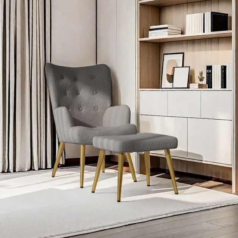 Fortuna Lai - Fauteuil scandinave avec repose pieds - Fauteuil individuel relax en laine de mouton - 99.5x68x47cm Gris Foncé