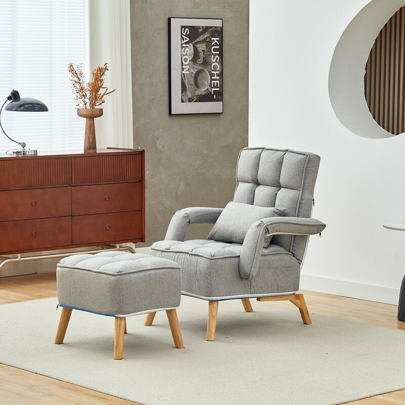 Fauteuil scandinave avec repose-pieds Loungesessel Chaise-Canapé-lit en tissu de lin-Gris