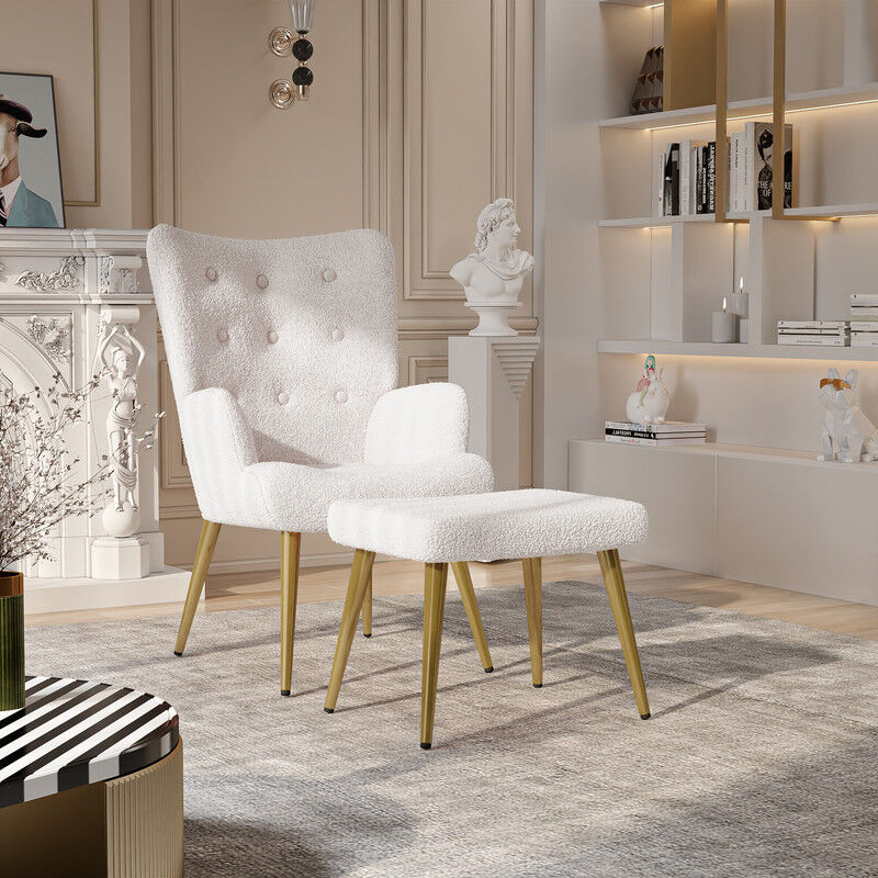 Sureh - Fauteuil scandinave avec repose-pieds, tissu molletonné respirant et douillet, rembourrage en mousse haute résilience, pieds en bois massif,