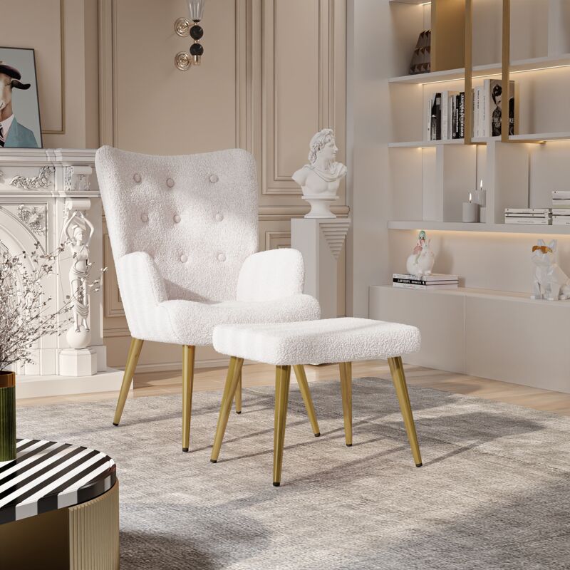 Nmonet - Fauteuil scandinave avec repose-pieds, tissu sherpa, pieds en métal doré, dossier épais, mousse hautement élastique - Beige