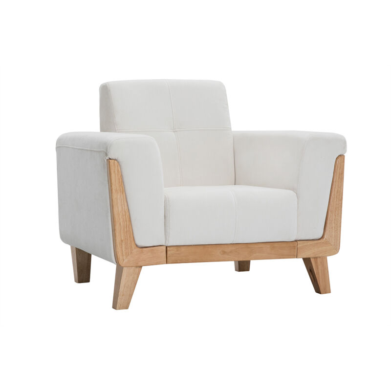 Fauteuil scandinave en tissu effet velours blanc cassé et bois clair fjord