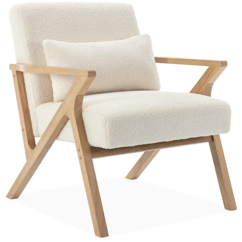 Sweeek - Fauteuil scandinave bois d'hévéa et bouclette blanche antoine