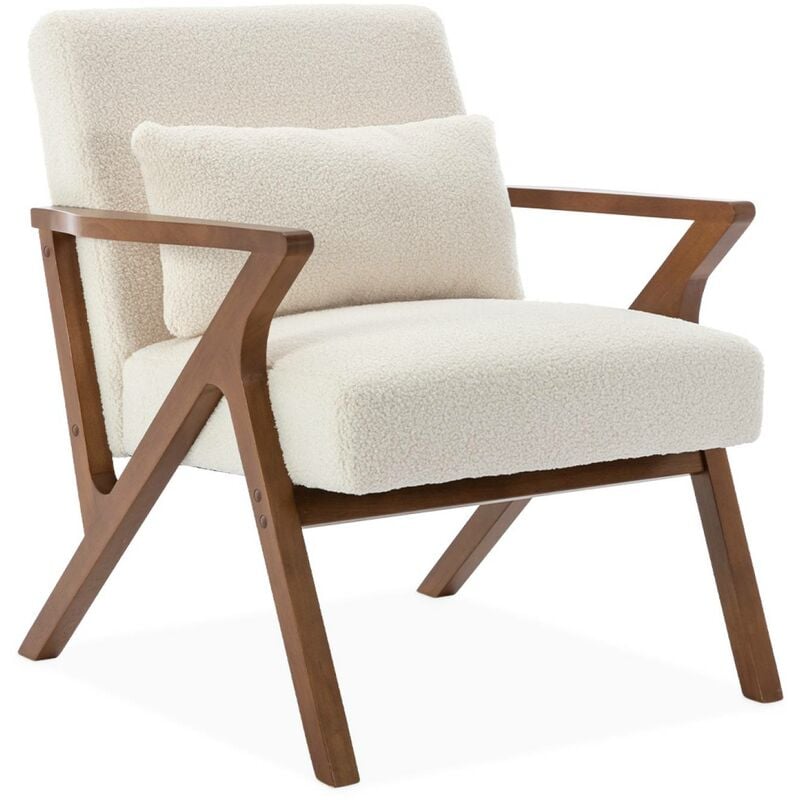 Fauteuil scandinave bois d'hévéa finition teinté noyer clair et bouclette blanche antoine