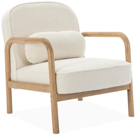 Fauteuil scandinave bois d'hévéa et dossier arrondi en bouclette blanche - AMELIE