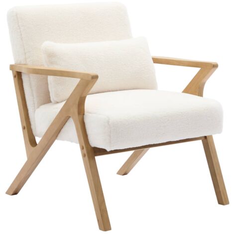 Fauteuil scandinave bois d'hévéa et tissu effet fausse fourrure blanc crème