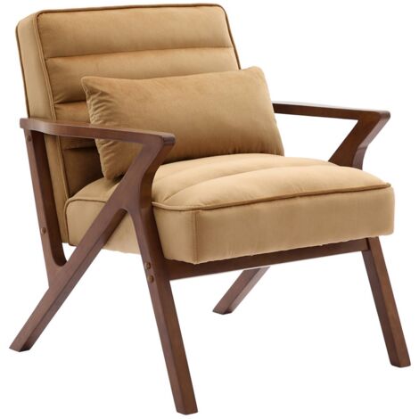 Fauteuil scandinave bois d'hévéa et velours camel