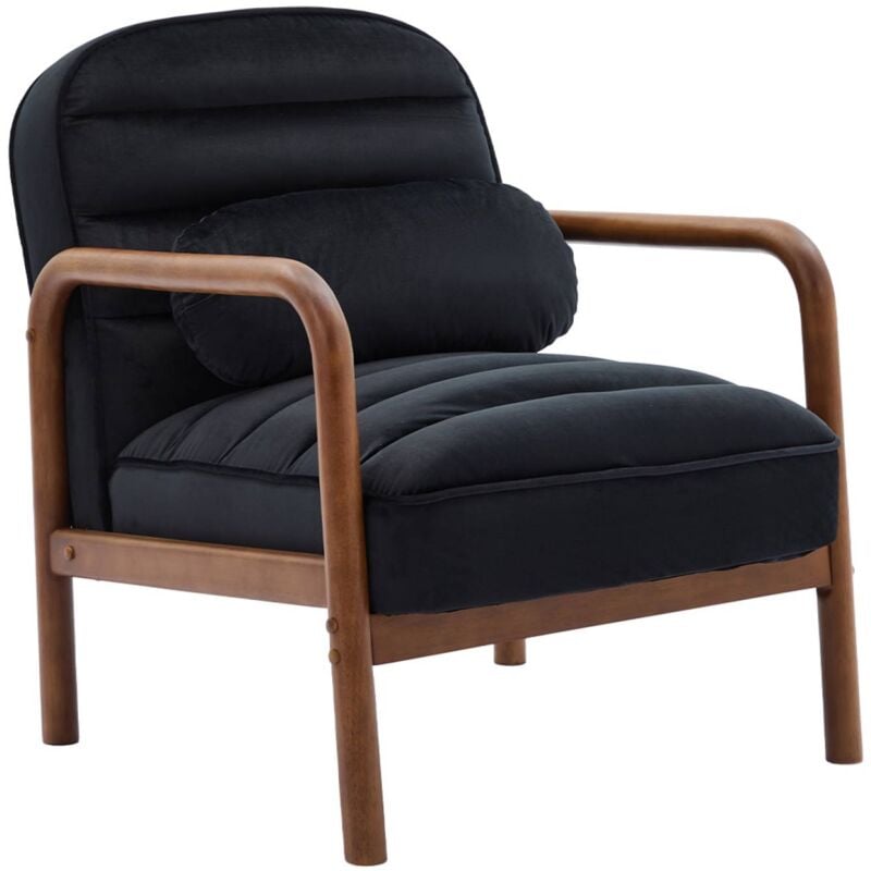 Fauteuil scandinave bois d'hévéa teinté noyer et tissu velours noir