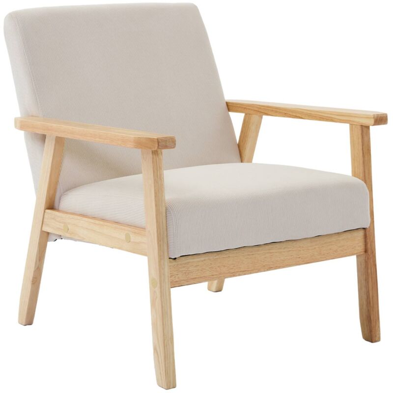 Fauteuil vintage / scandinave structure en bois et contreplaqué et assise en velours côtelé coloris blanc crème