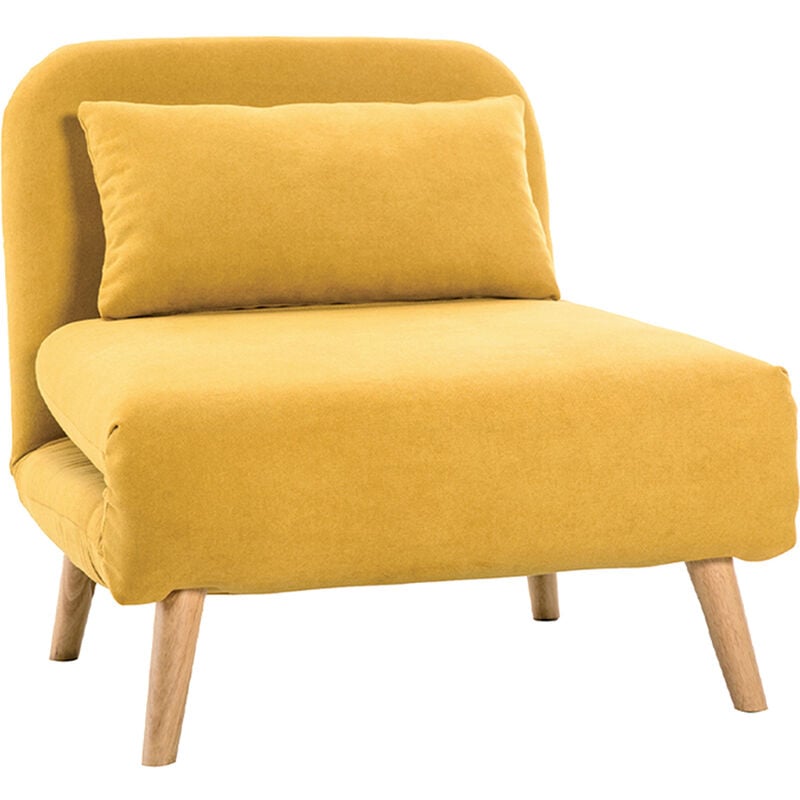 Fauteuil convertible scandinave en tissu effet velours jaune moutarde et bois clair amiko