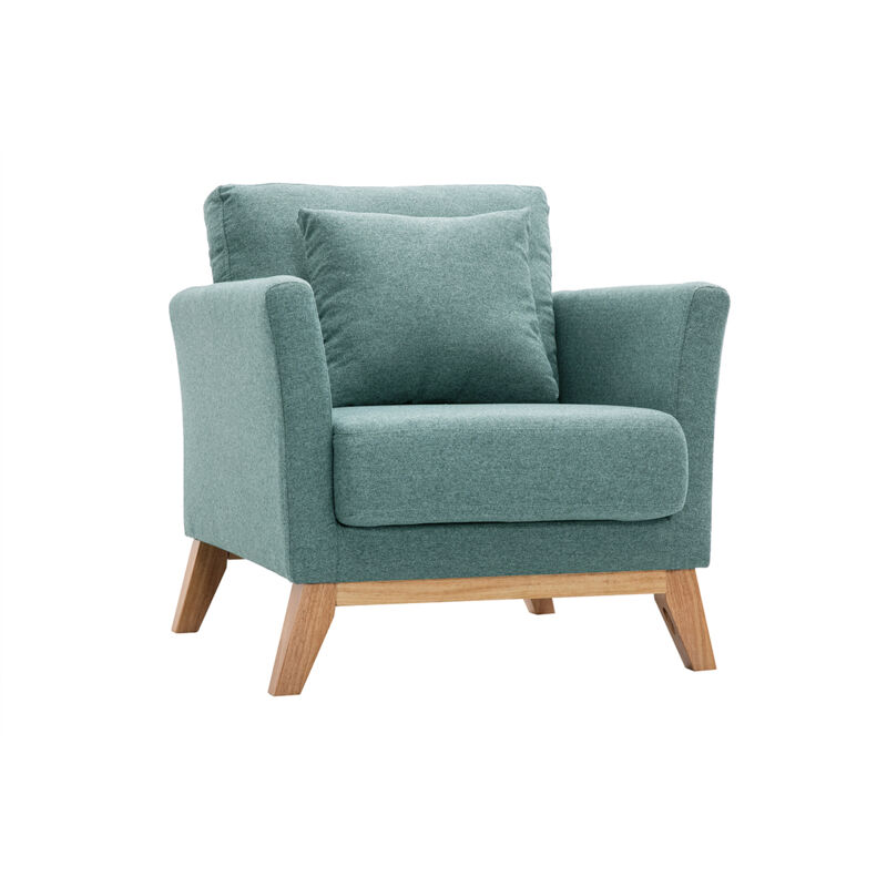Fauteuil scandinave déhoussable en tissu vert de gris et bois clair oslo