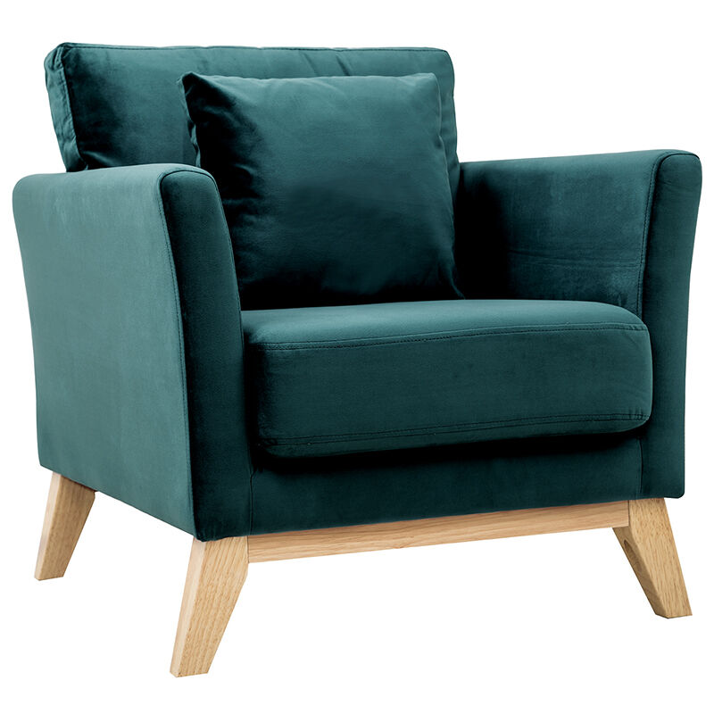 Fauteuil scandinave déhoussable en tissu velours bleu pétrole et bois clair oslo