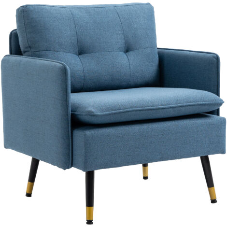 Fauteuil scandinave dossier capitonné avec passepoil en tissu 72 x 70 x 80 cm bleu et pieds en métal noir et doré