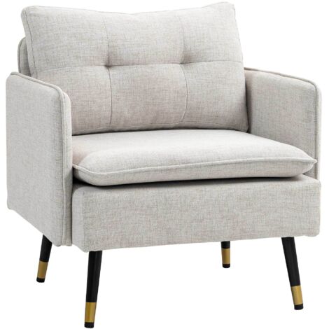 Fauteuil scandinave dossier capitonné avec passepoil en tissu 76 x 68 x 80 cm crème et pieds en métal noir et doré