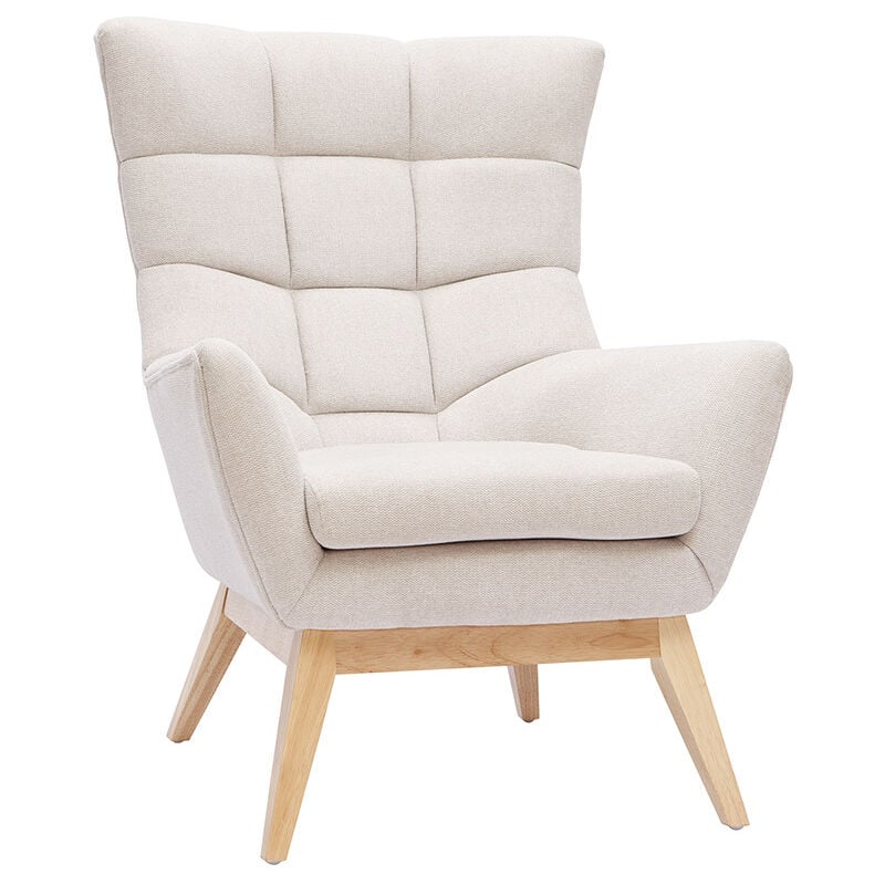 Fauteuil scandinave en tissu effet velours texturé naturel et bois clair brody