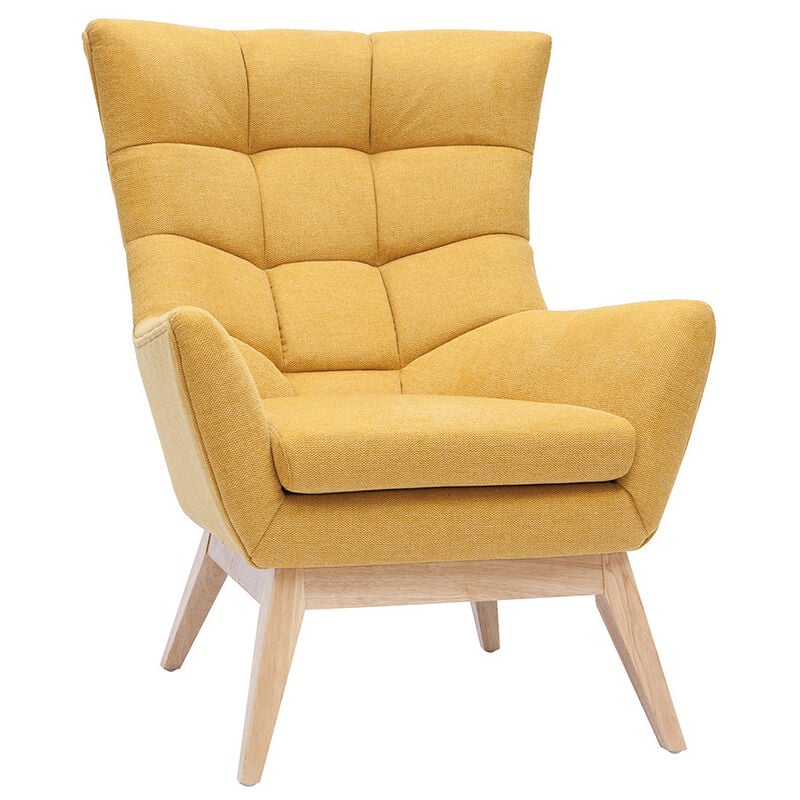 Fauteuil scandinave en tissu effet velours texturé jaune moutarde et bois clair brody