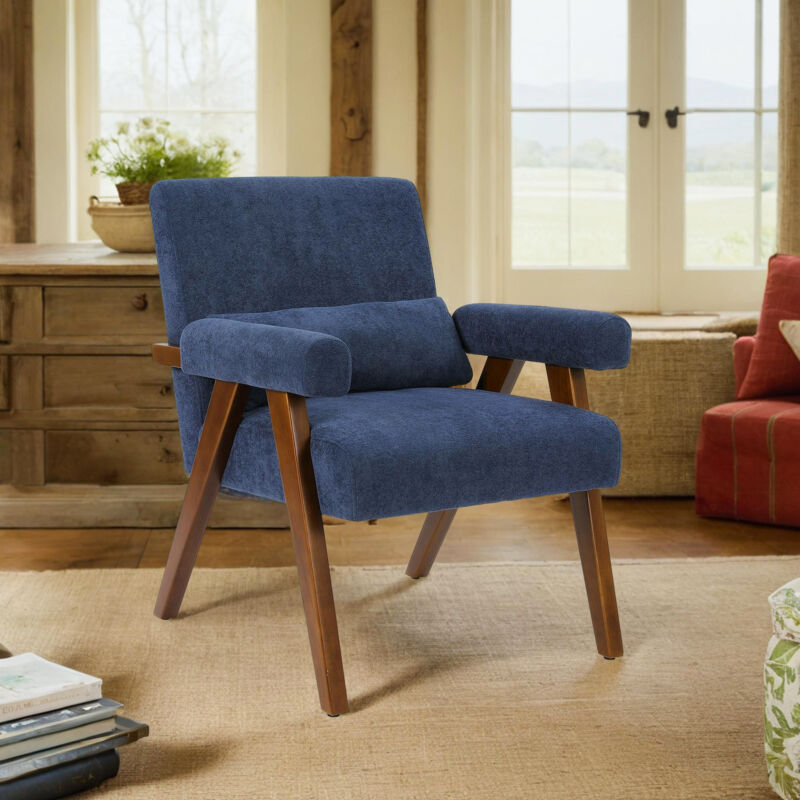 Fauteuil scandinave en bois et tissu Berber fleece,Chaise d’appoint Mid-Century Confortable,Fauteuil de Salon,73x68x83cm,Bleu
