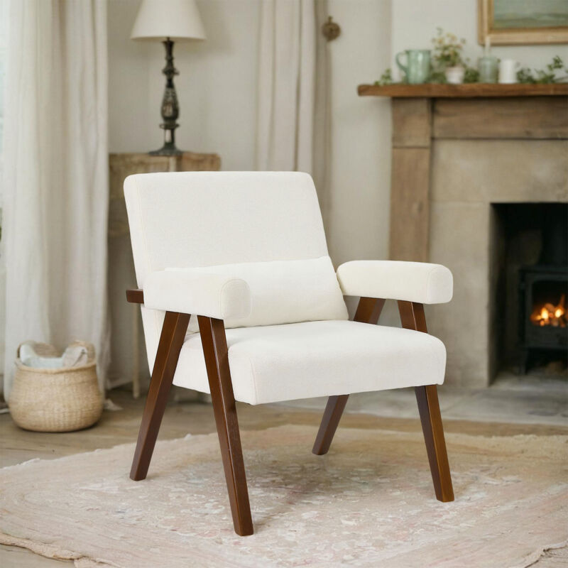 Fauteuil scandinave en bois,Fauteuil lounge Mid-Century,Chaise d’appoint avec accoudoirs,Tissu Berber fleece,73x68x83cm,Beige