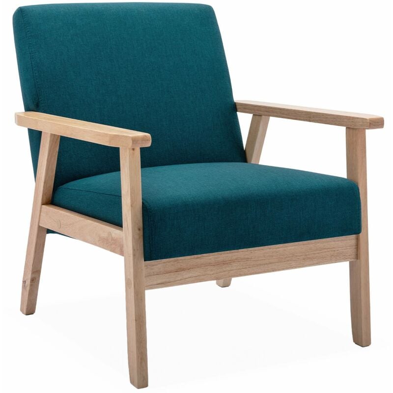 Sweeek - Fauteuil scandinave en bois et tissu bleu pétrole. Isak. l 64 x p 69.5 x h 73cm