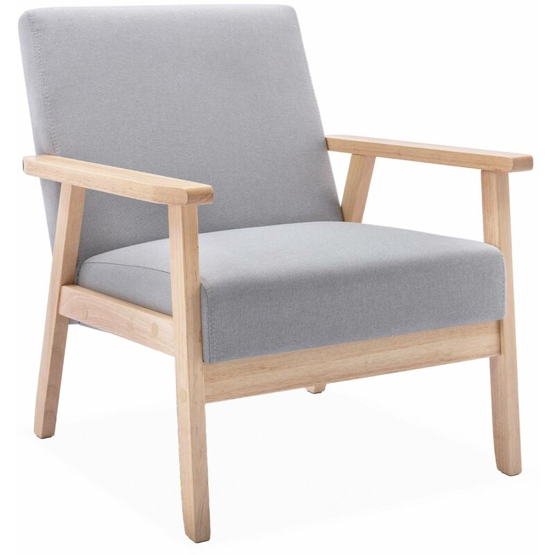 Fauteuil scandinave en bois et tissu gris clair. Isak. l 64 x p 69.5 x h 73cm