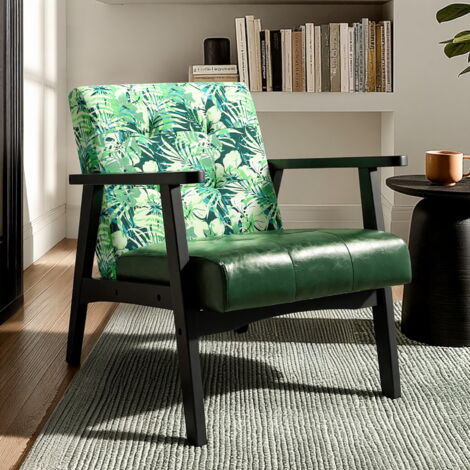 Fauteuil Scandinave en Simili Cuir & Dossier en Canevas en Vert tropical– Élégance et Confort Nordique