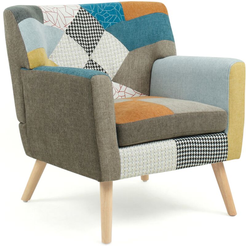 Fauteuil scandinave liv en tissu patchwork multicouleur