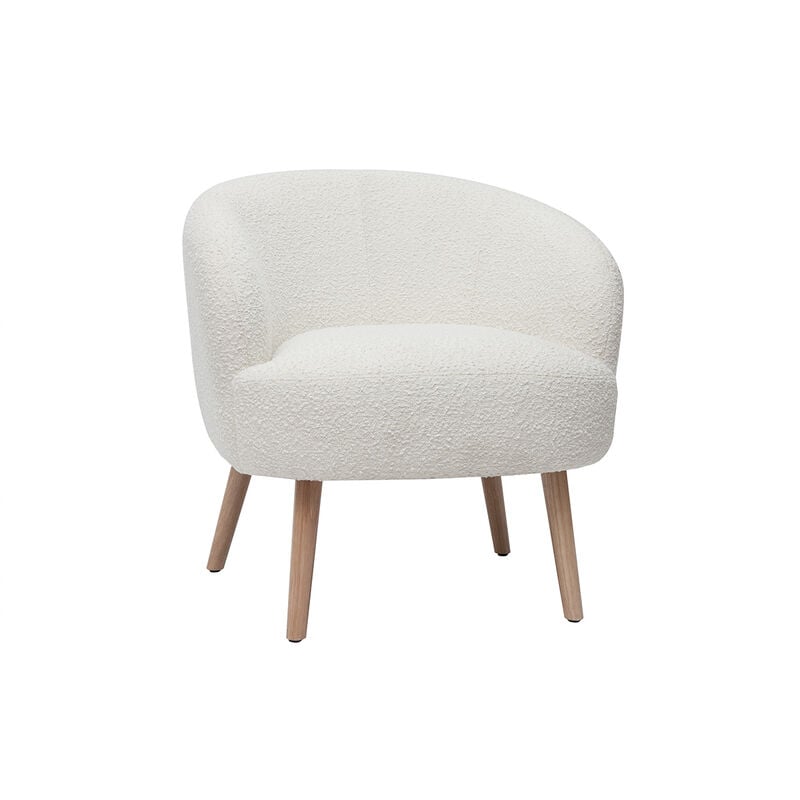 Fauteuil scandinave en tissu effet laine bouclée blanc cassé et bois clair maggie