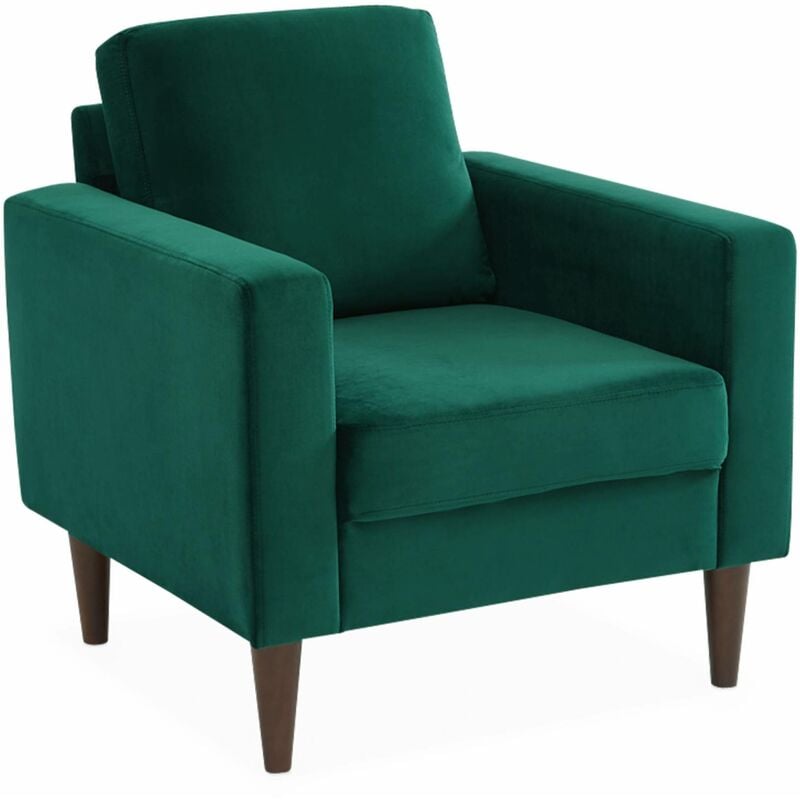 Fauteuil scandinave en velours vert anglais - Bjorn - Canapé 1 place fixe droit pieds bois d'hévéa effet bois de noyer