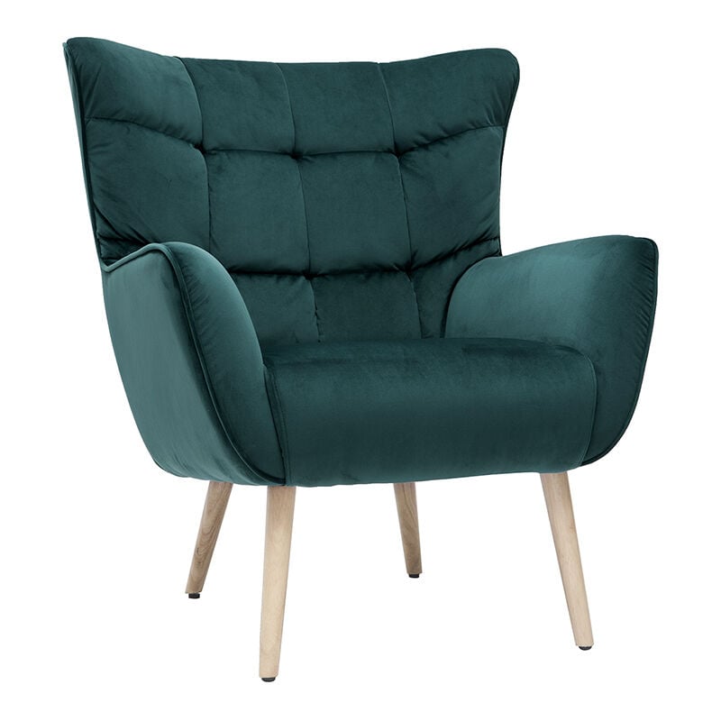 Fauteuil scandinave en tissu velours bleu pétrole et bois clair avery