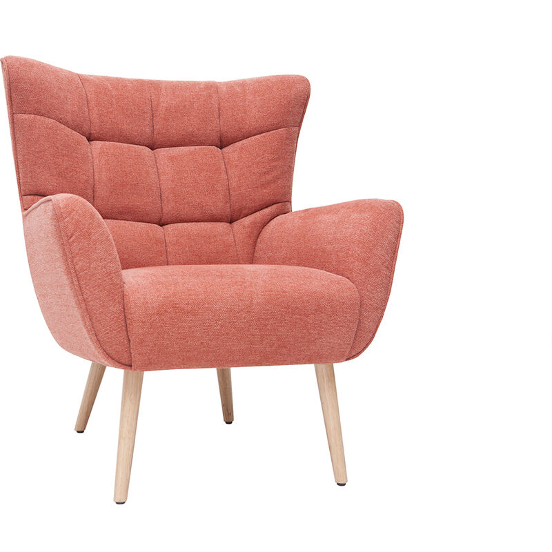 Fauteuil scandinave en tissu effet velours textur&eacute; terracotta et bois clair AVERY